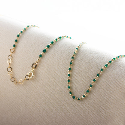 Emerald Enameled Beaded Necklace in 14K / Silver Solid Gold, Mini Italian Ball Chain