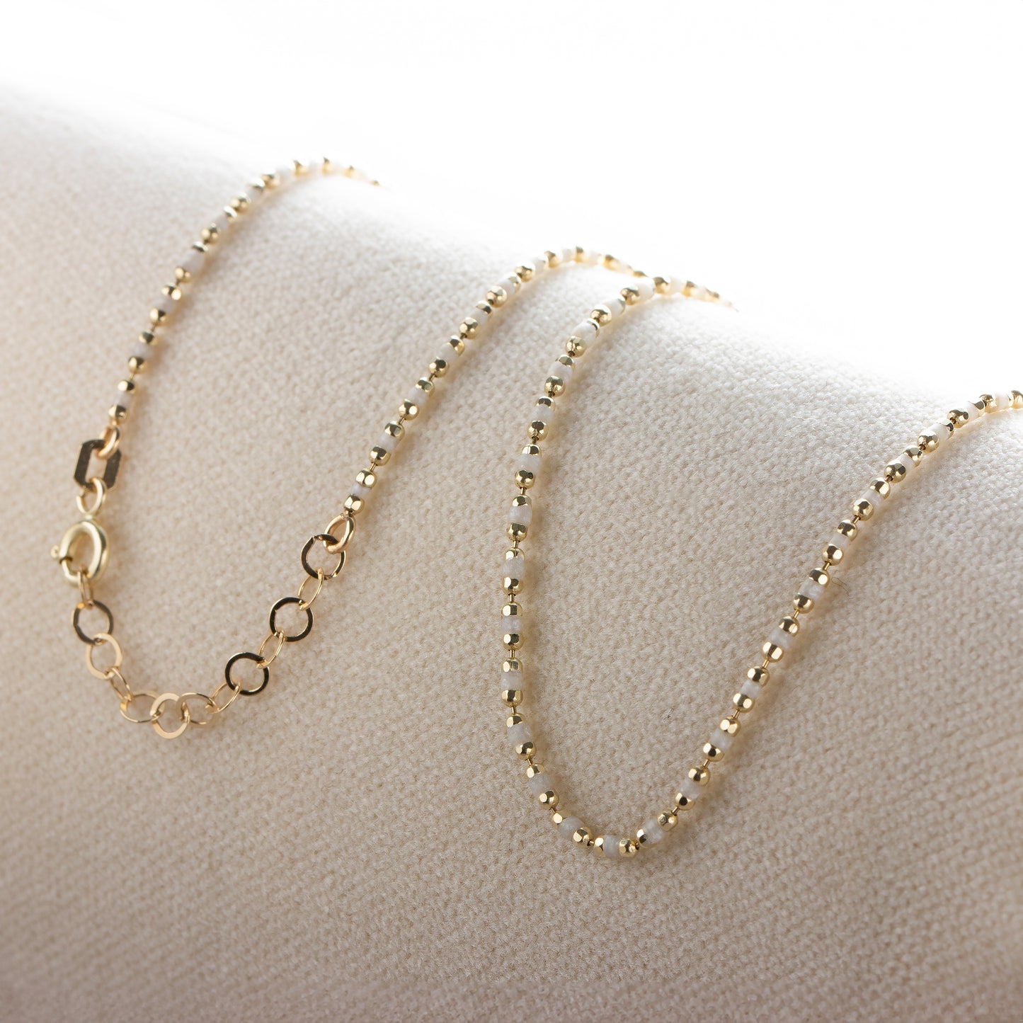 Pearl White Enameled Beaded Necklace in 14K / Silver Solid Gold, Mini Italian Ball Chain