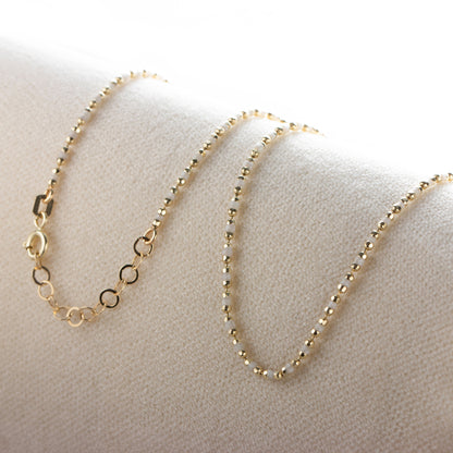 Pearl White Enameled Beaded Necklace in 14K / Silver Solid Gold, Mini Italian Ball Chain