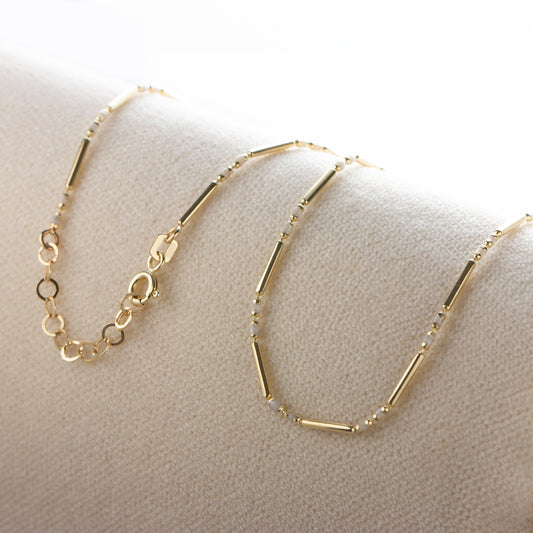 White Topaz 14K Solid Gold / Silver Layered Enameled Spaced Beaded Bar Necklace, Birthstone Jewelry