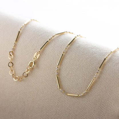 White Topaz 14K Solid Gold / Silver Layered Enameled Spaced Beaded Bar Necklace, Birthstone Jewelry