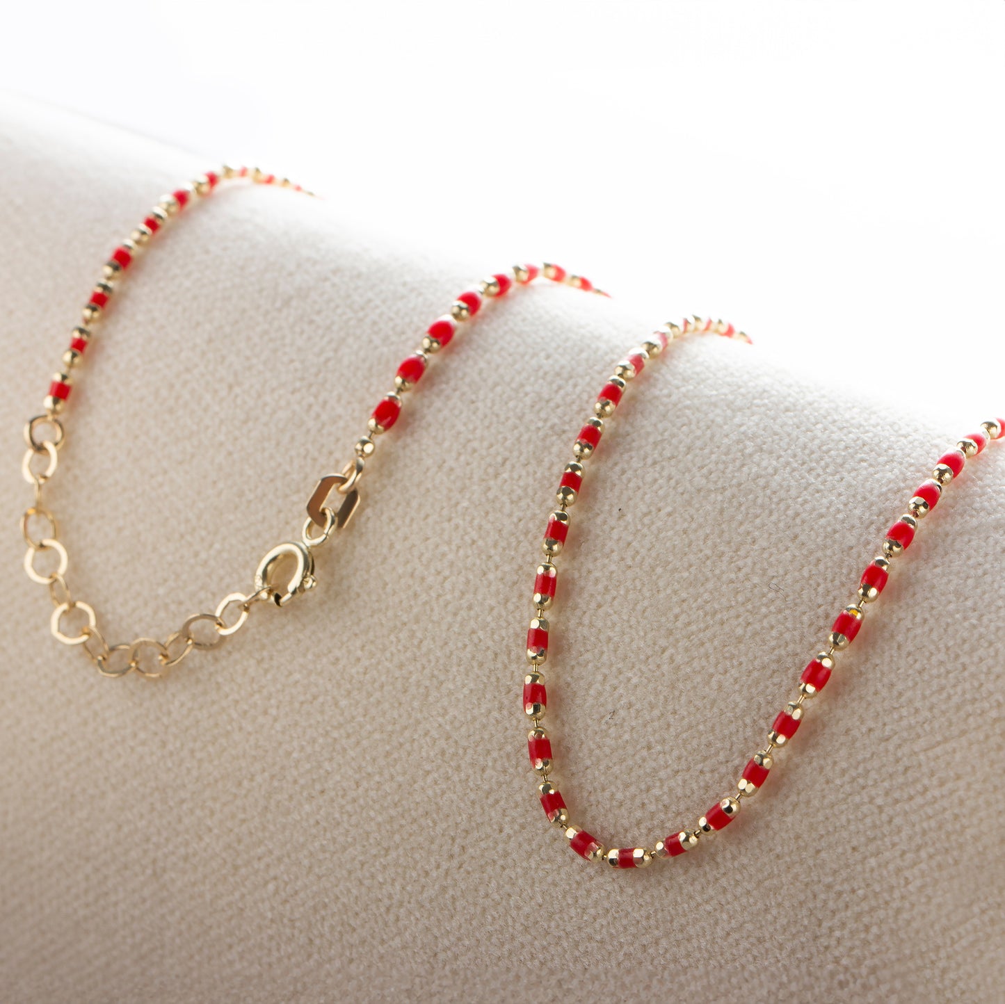 Ruby Enameled Beaded Necklace in 14K / SilverSolid Gold, Mini Italian Ball Chain