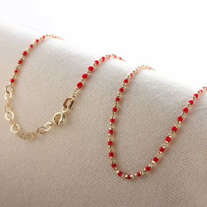 Ruby Enameled Beaded Necklace in 14K / SilverSolid Gold, Mini Italian Ball Chain