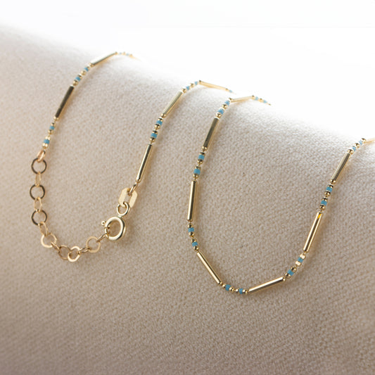 Aquamarine 14K Solid Gold / Silver Layered Enameled Spaced Beaded Bar Necklace, Birthstone Jewelry