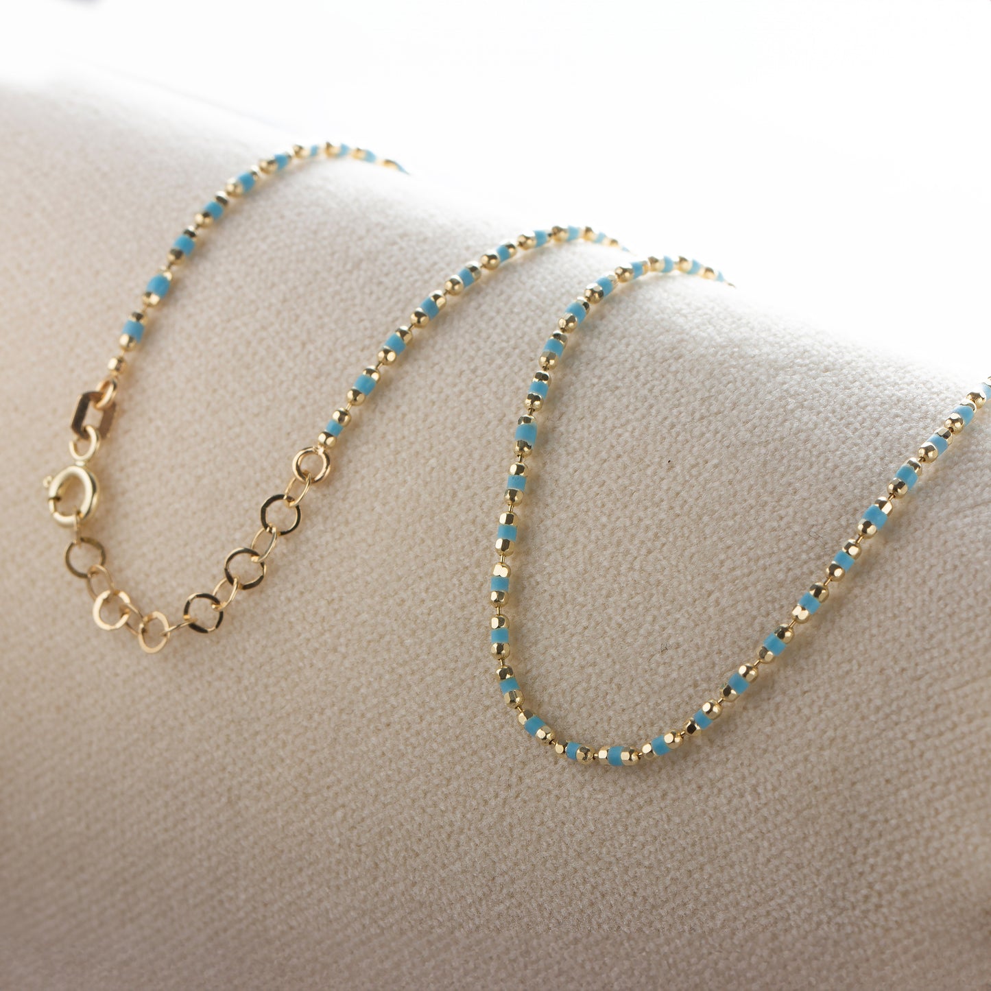 Blue Topaz Enameled Beaded Necklace in 14K / Silver Solid Gold, Mini Italian Ball Chain