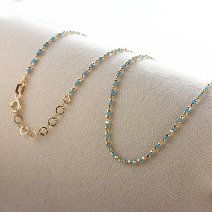 Blue Topaz Enameled Beaded Necklace in 14K / Silver Solid Gold, Mini Italian Ball Chain