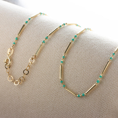 Turquoise 14K Solid Gold / Silver Layered Enameled Spaced Beaded Bar Necklace, Birthstone Jewelry