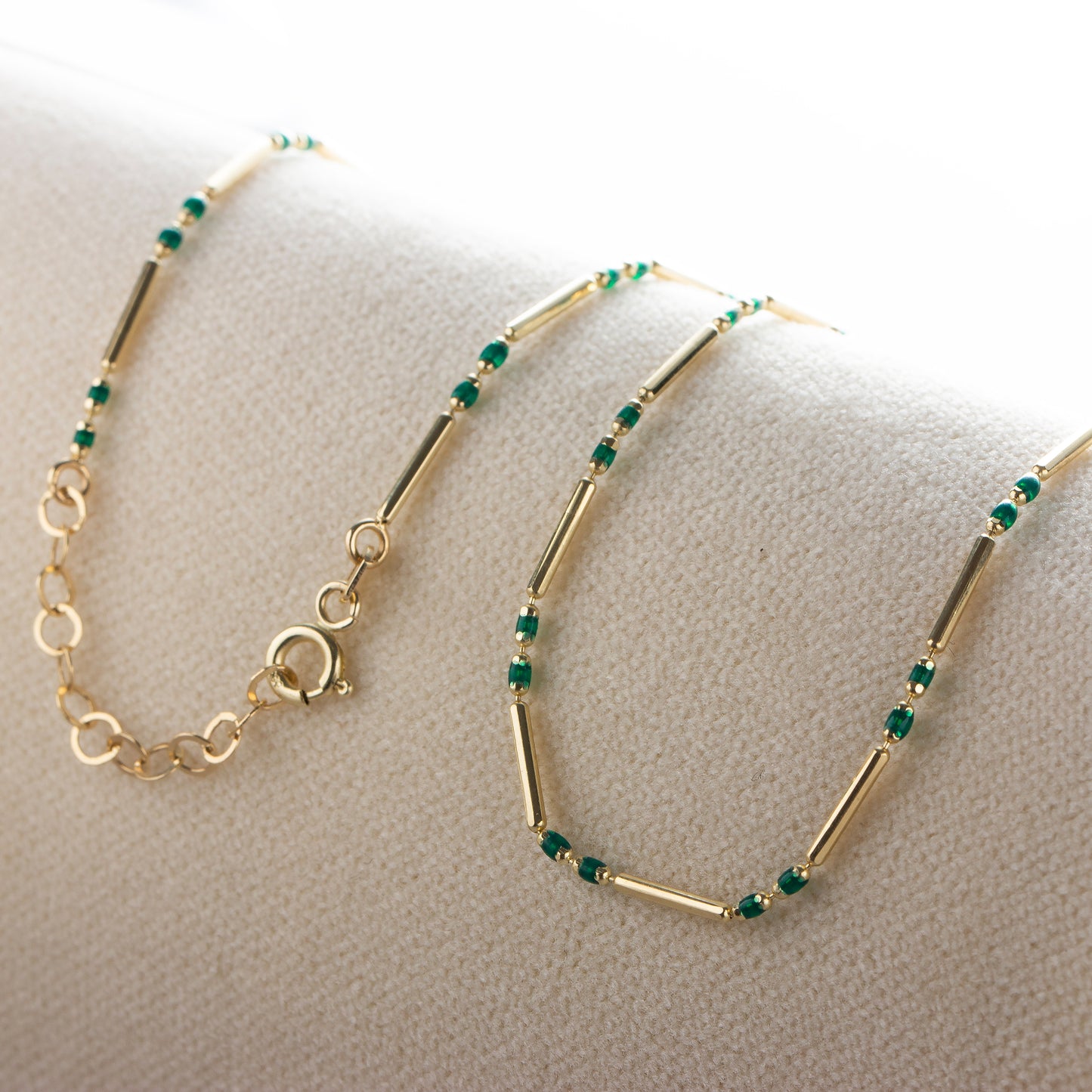 Emerald 14K Solid Gold / Silver Layered Enameled Spaced Beaded Bar Necklace, Birthstone Jewelry
