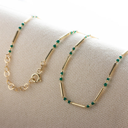 Emerald 14K Solid Gold / Silver Layered Enameled Spaced Beaded Bar Necklace, Birthstone Jewelry