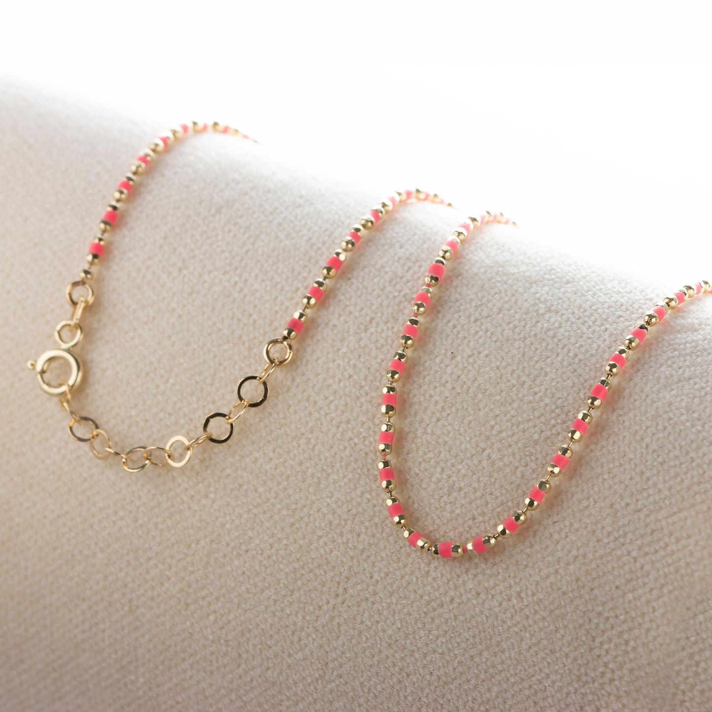 Pink Tourmaline Enameled Beaded Necklace in 14K / Silver Solid Gold, Mini Italian Ball Chain