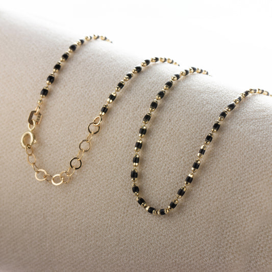 Black Onyx Enameled Beaded Necklace in 14K / Silver Solid Gold, Mini Italian Ball Chain