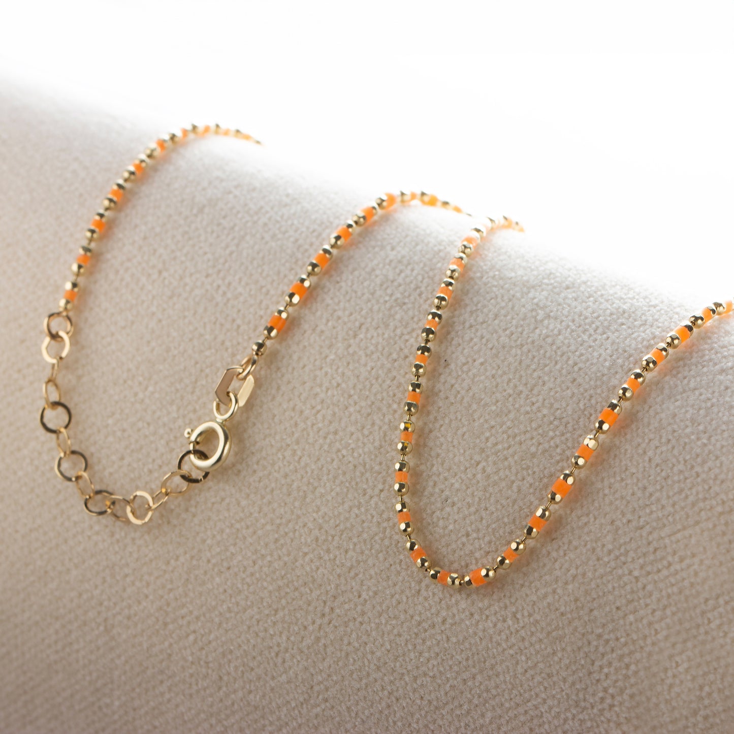 Citrine Enameled Beaded Necklace in 14K / Silver Solid Gold, Mini Italian Ball Chain