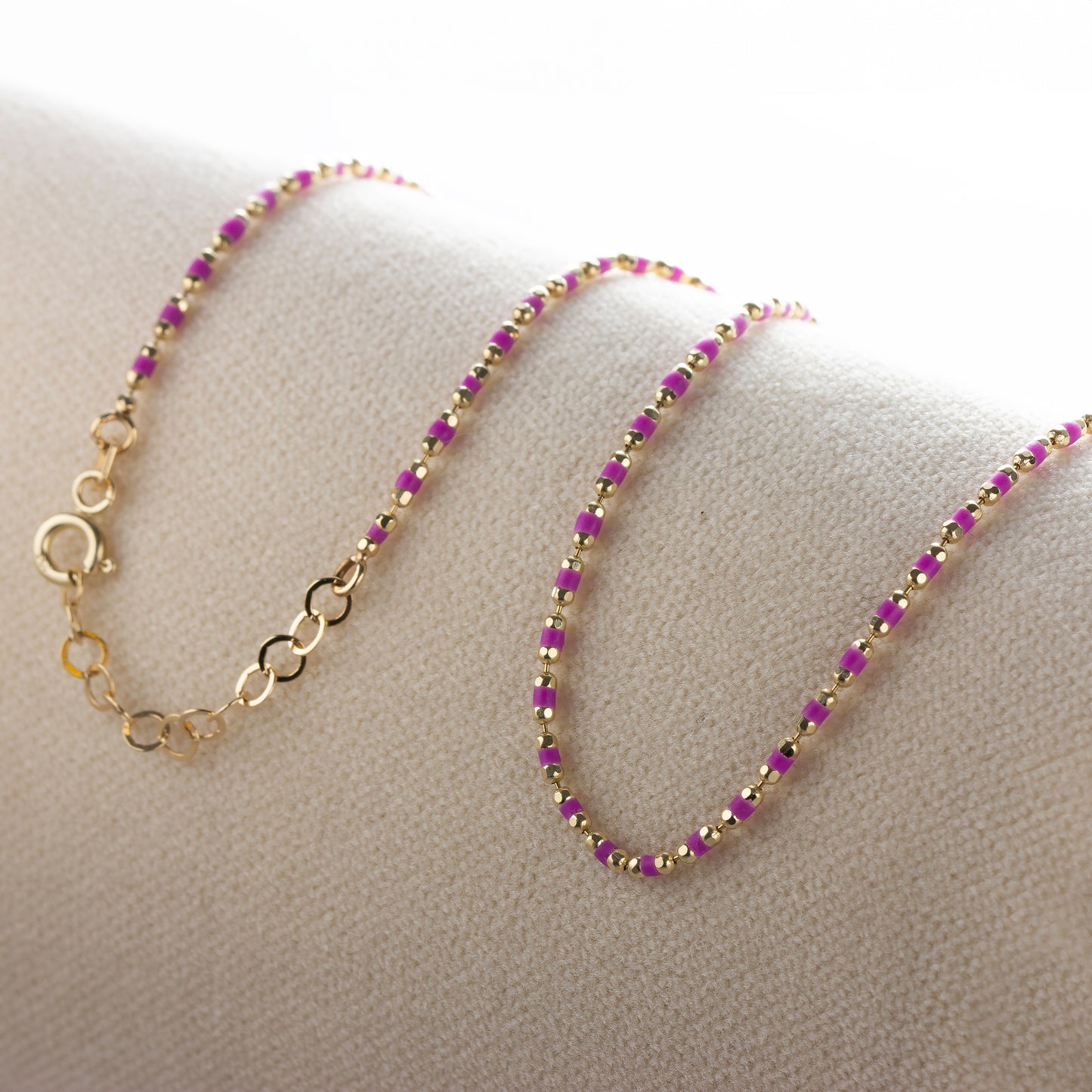 Colorful Enameled Beaded Necklace in 14K / Silver Solid Gold, Mini Italian Ball Chain, Meaningful Amethyst Birthstone