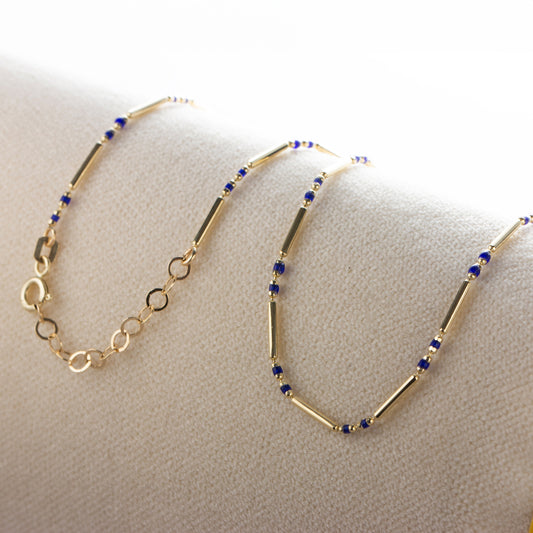 Sapphire 14K Solid Gold / Silver Layered Enameled Spaced Beaded Bar Necklace, Birthstone Jewelry
