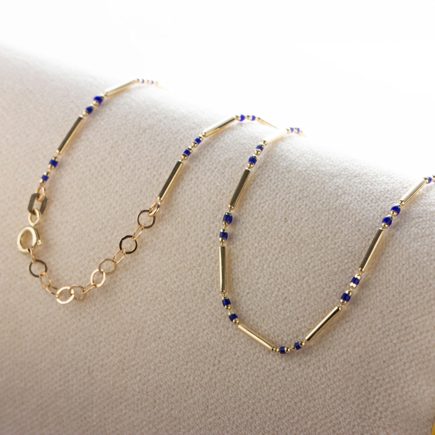 Sapphire 14K Solid Gold / Silver Layered Enameled Spaced Beaded Bar Necklace, Birthstone Jewelry