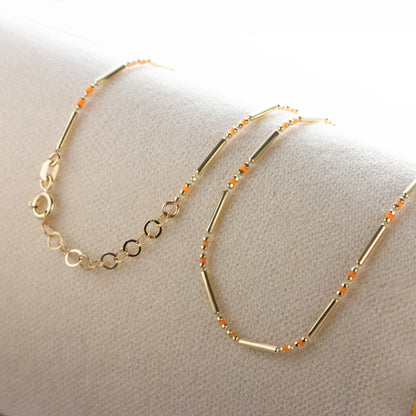 Citrine 14K Solid Gold / Silver Layered Enameled Spaced Beaded Bar Necklace, Birthstone Jewelry