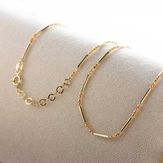 Citrine 14K Solid Gold / Silver Layered Enameled Spaced Beaded Bar Necklace, Birthstone Jewelry