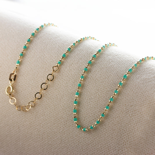 Turquoise Enameled Beaded Necklace in 14K / Silver Solid Gold, Mini Italian Ball Chain