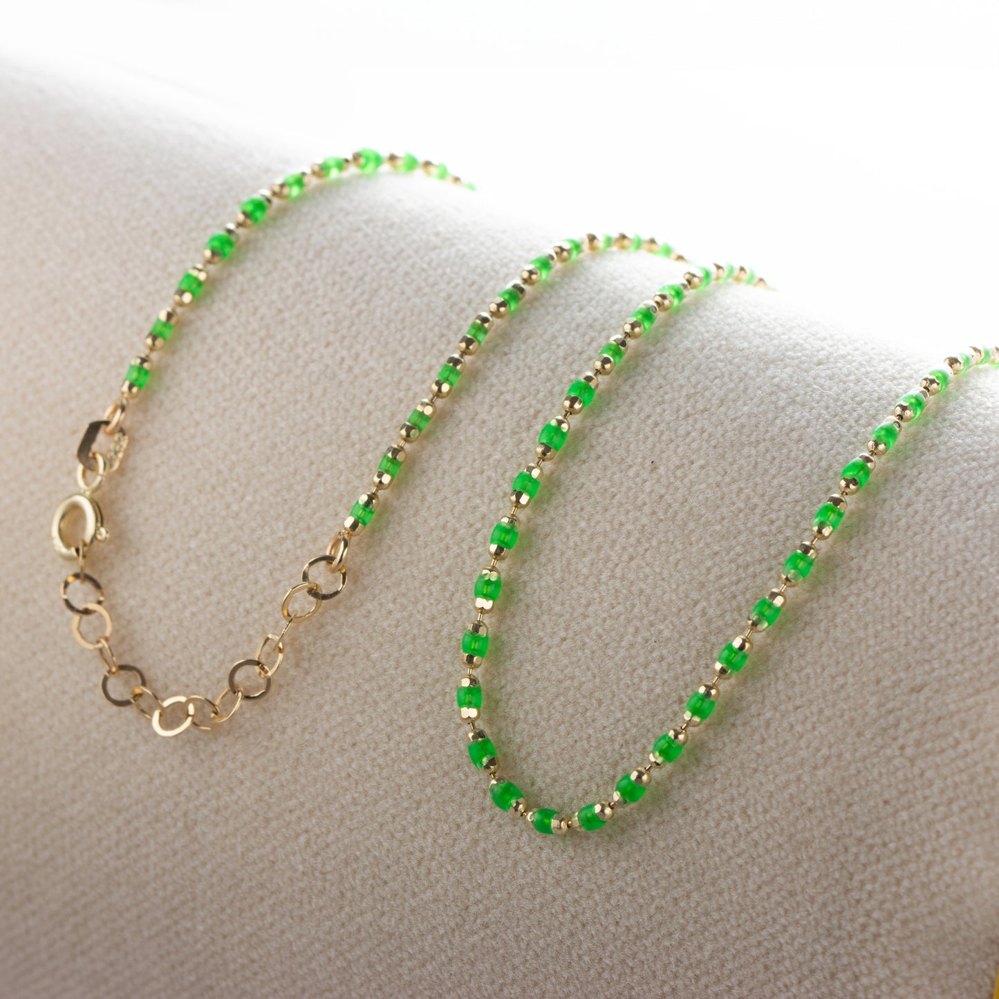 Aquagreen Enameled Beaded Necklace 14K / Silver Solid Gold, Mini Italian Ball Chain