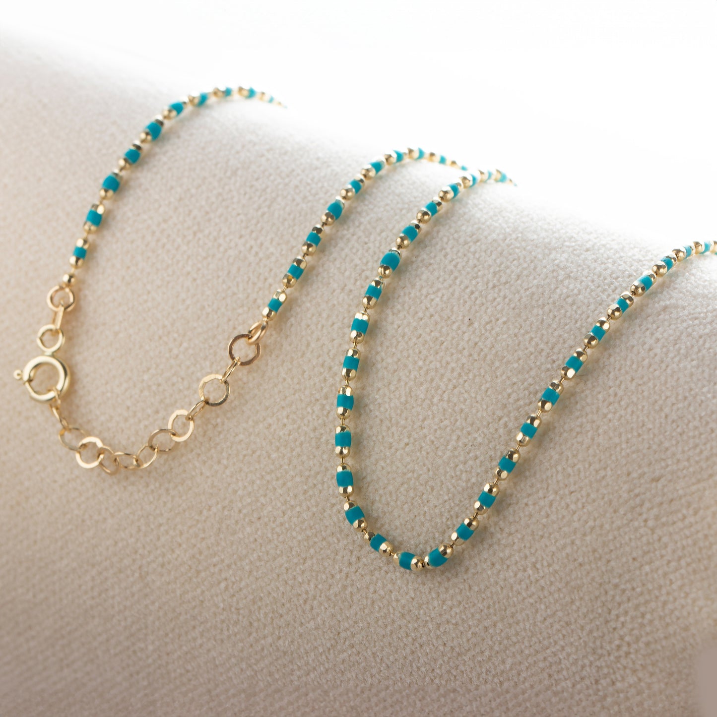 Aquamarine Birthstone Necklace in 14K / Silver Solid Gold, Colorful Enameled Beads on Mini Italian Ball Chain
