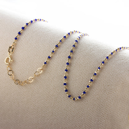 Sapphire Enameled Beaded Necklace in 14K / Silver Solid Gold, Mini Italian Ball Chain