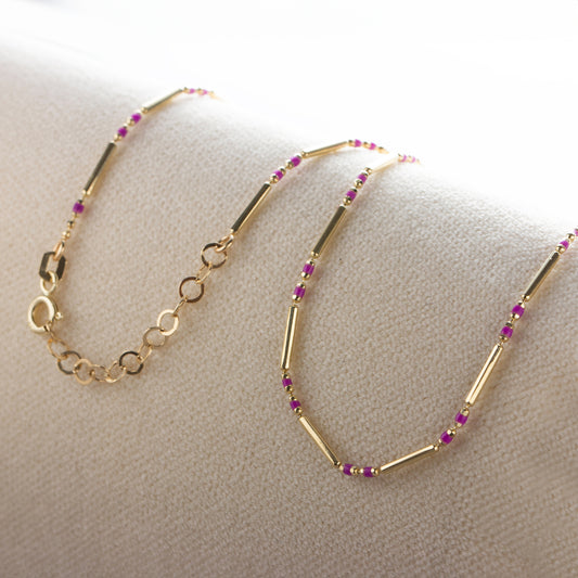 Amethyst 14K Solid Gold / Silver Layered Enameled Spaced Beaded Bar Necklace, Birthstone Jewelry