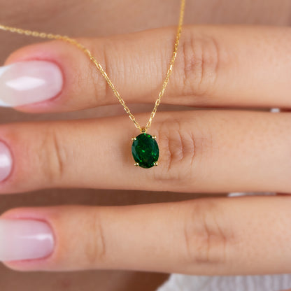 Oval Cut Emerald Necklace 8K/10K/14K Solid Gold, May Birthstone