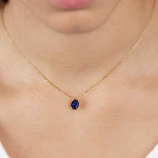 Oval Cut Sapphire Necklace 8K/10K/14K Solid Gold, September Birthstone