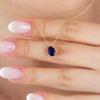 Oval Cut Sapphire Necklace 8K/10K/14K Solid Gold, September Birthstone