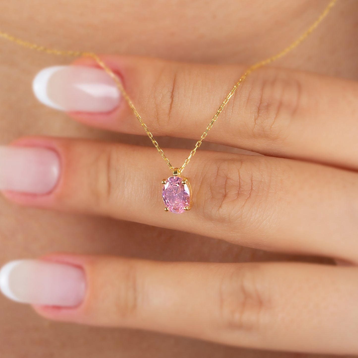Oval Cut Pink Tourmaline Necklace 8K/10K/14K Solid Gold, October Birthstone