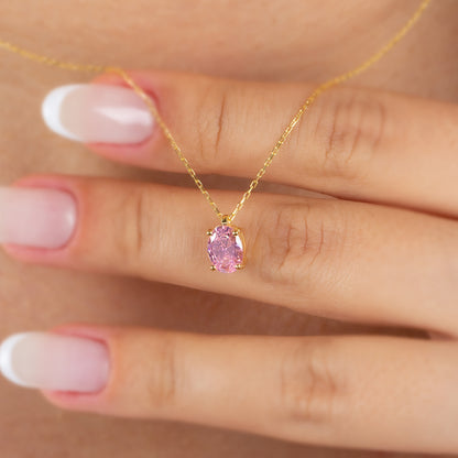 Oval Cut Pink Tourmaline Necklace 8K/10K/14K Solid Gold, October Birthstone