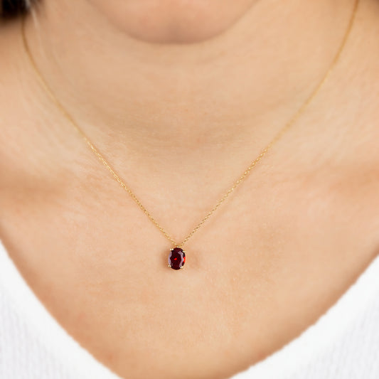 Oval Cut Garnet Necklace 8K/10K/14K Solid Gold, January Birthstone