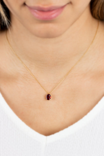 Oval Cut Garnet Necklace 8K/10K/14K Solid Gold, January Birthstone