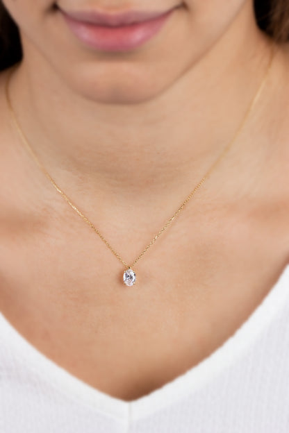 Oval Cut White Topaz Necklace 8K/10K/14K Solid Gold, April Birthstone