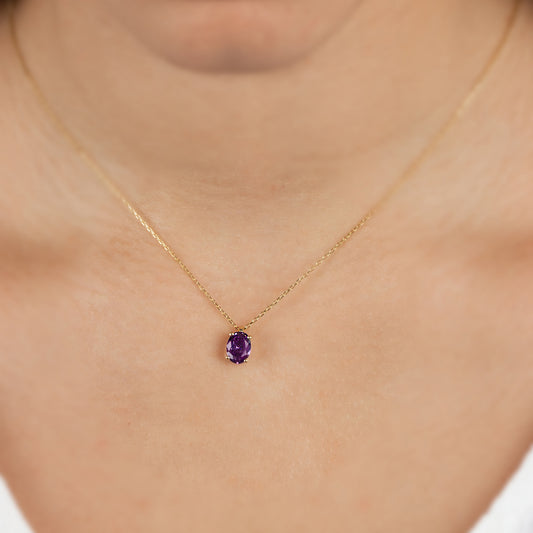 Oval Cut Amethyst Necklace 8K/10K/14K Solid Gold, February Birthstone
