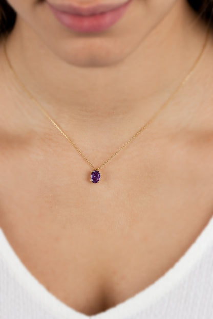 Oval Cut Amethyst Necklace 8K/10K/14K Solid Gold, February Birthstone