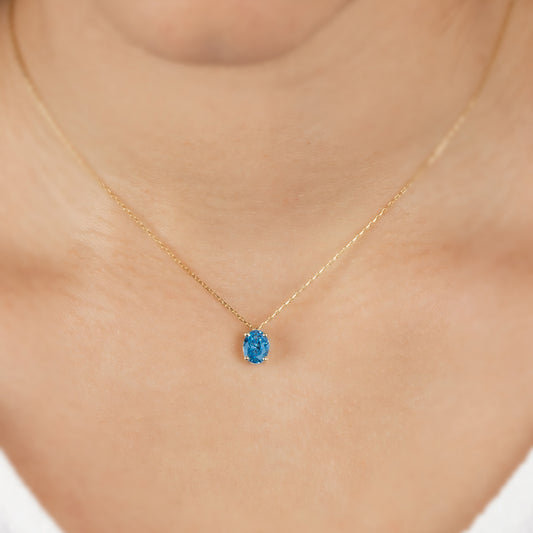 Oval Cut Blue Topaz Necklace 8K/10K/14K Solid Gold, December Birthstone
