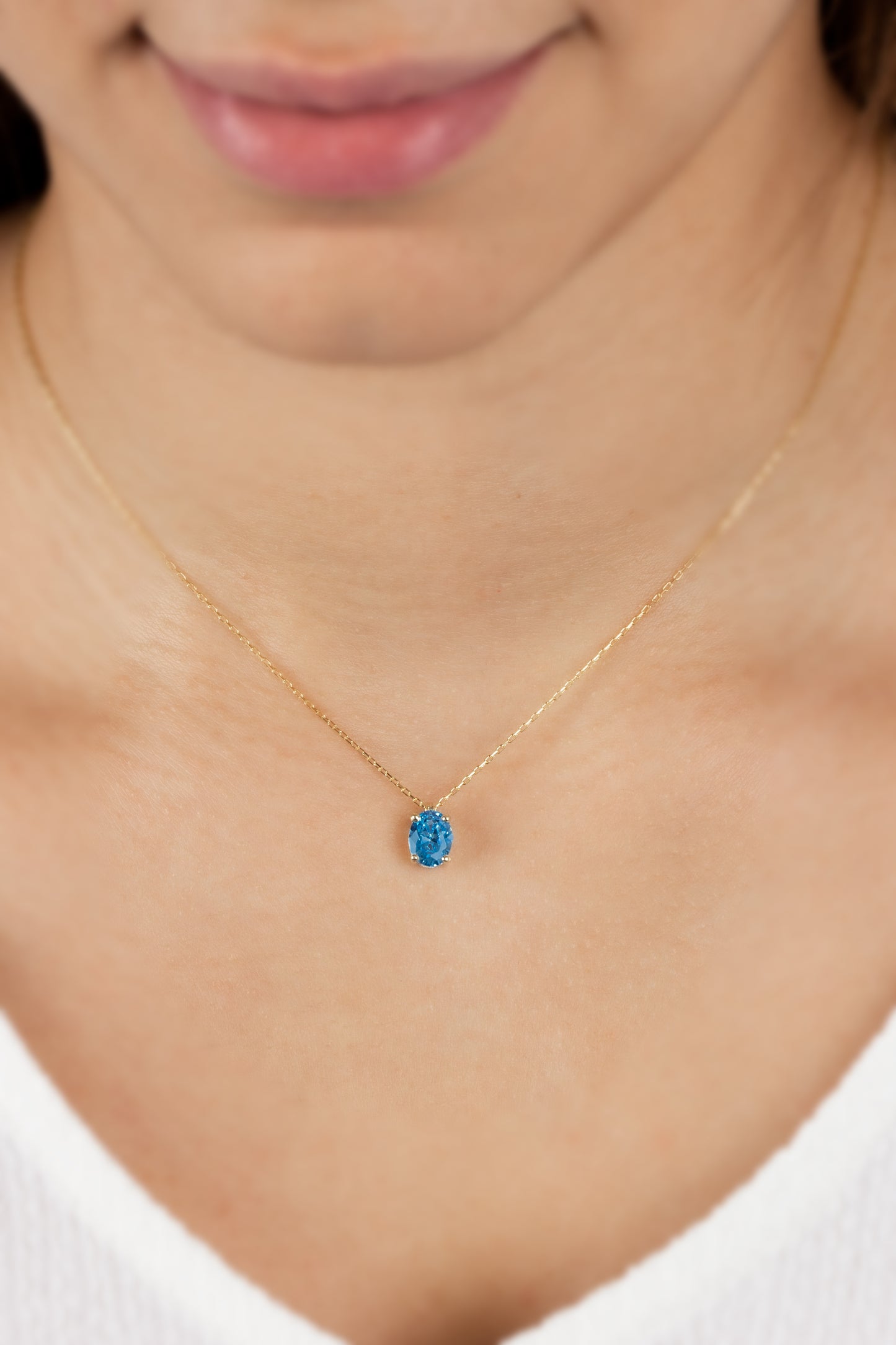 Oval Cut Blue Topaz Necklace 8K/10K/14K Solid Gold, December Birthstone