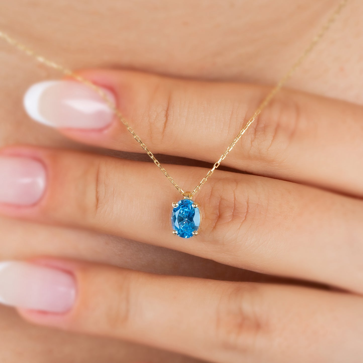 Oval Cut Blue Topaz Necklace 8K/10K/14K Solid Gold, December Birthstone