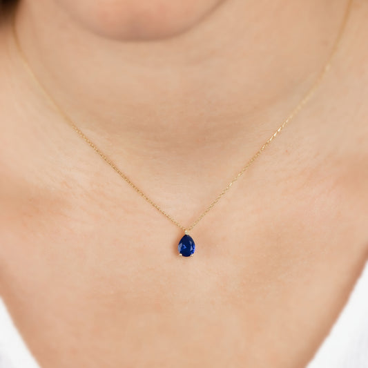 Sapphire Drop Necklace 8K/10K/14K Solid Gold, Teardrop September Birthstone