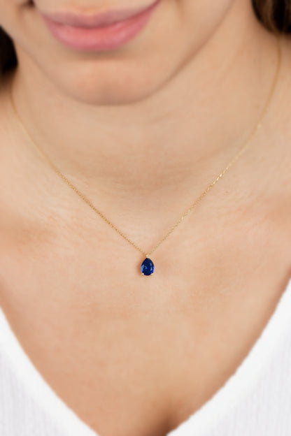 Sapphire Drop Necklace 8K/10K/14K Solid Gold, Teardrop September Birthstone