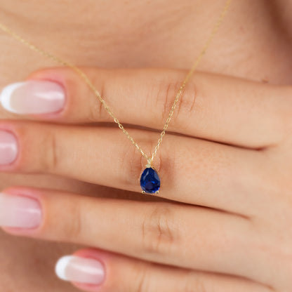 Sapphire Drop Necklace 8K/10K/14K Solid Gold, Teardrop September Birthstone