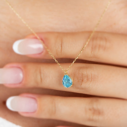 Aquamarine Drop Necklace 8K/10K/14K Solid Gold, Teardrop March Birthstone