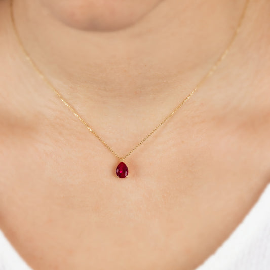 Ruby Drop Necklace 8K/10K/14K Solid Gold, Teardrop July Birthstone