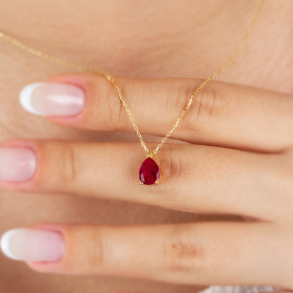 Ruby Drop Necklace 8K/10K/14K Solid Gold, Teardrop July Birthstone
