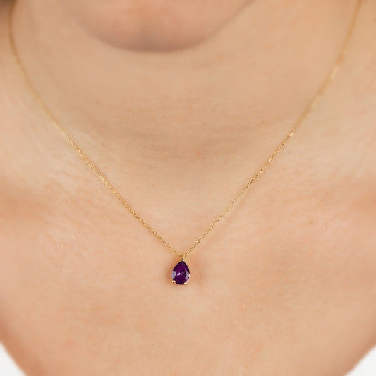 Amethyst Drop Necklace 8K/10K/14K Solid Gold, Teardrop February Birthstone