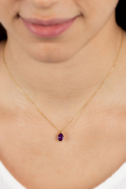 Amethyst Drop Necklace 8K/10K/14K Solid Gold, Teardrop February Birthstone