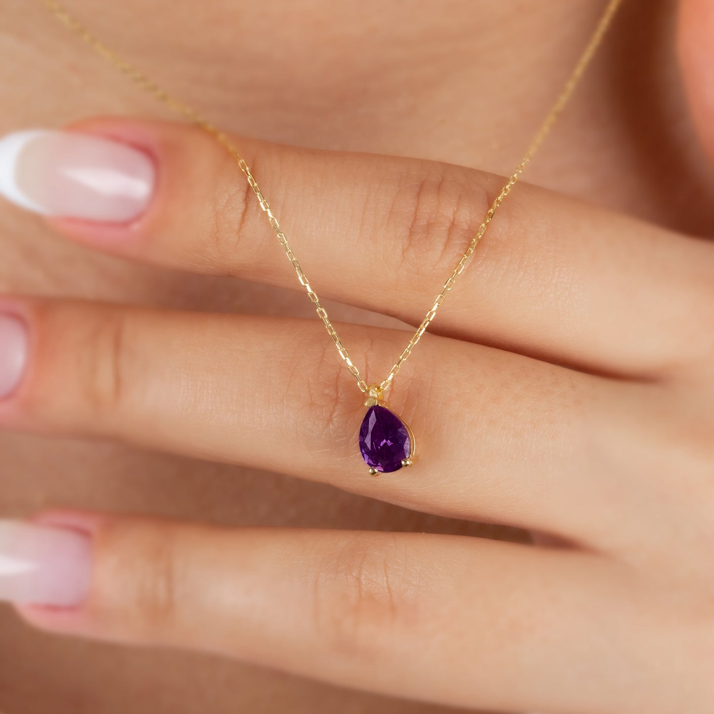 Amethyst Drop Necklace 8K/10K/14K Solid Gold, Teardrop February Birthstone