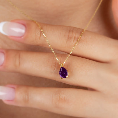 Amethyst Drop Necklace 8K/10K/14K Solid Gold, Teardrop February Birthstone
