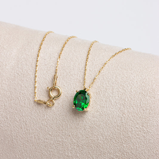 Oval Cut Emerald Necklace 8K/10K/14K Solid Gold, May Birthstone